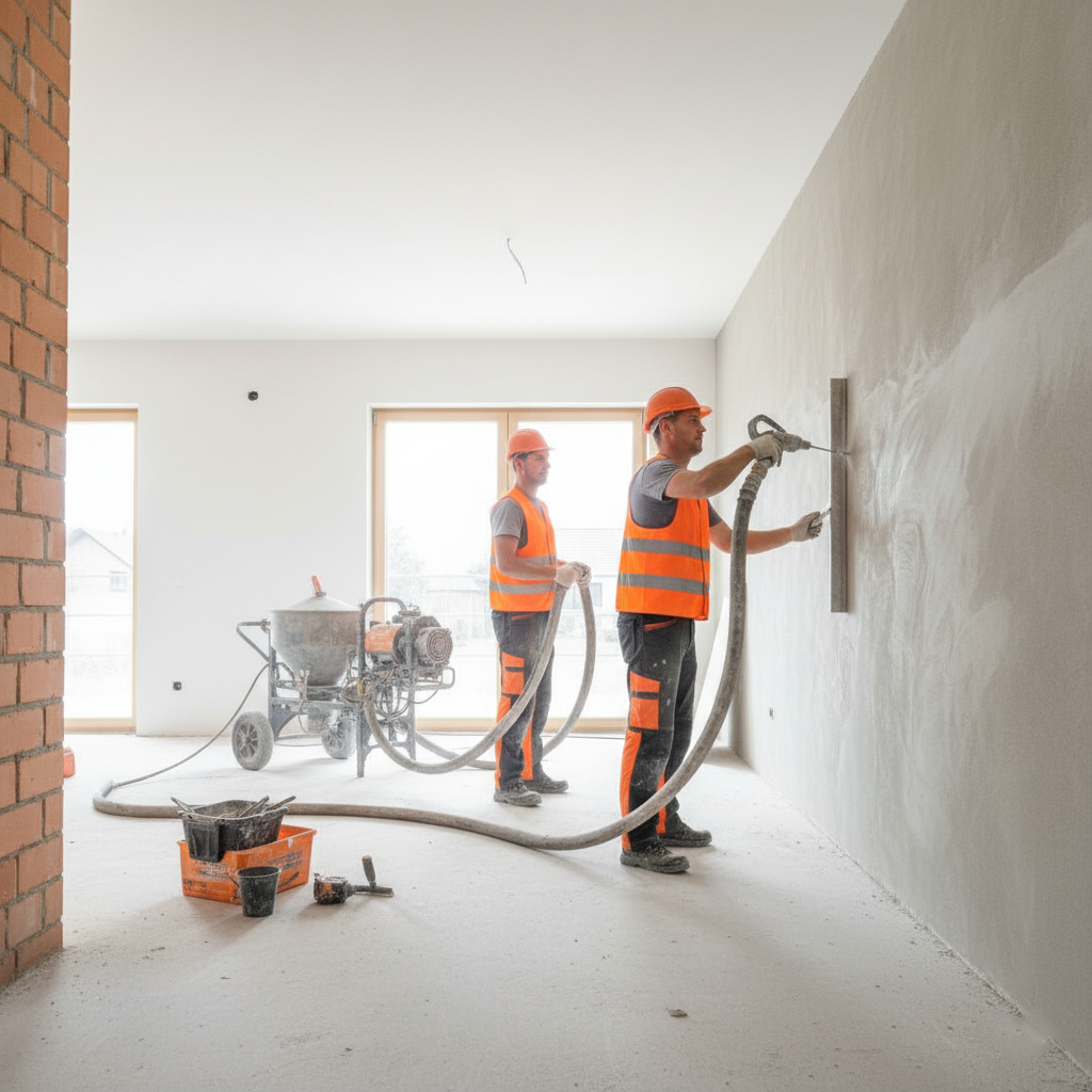 Tým V-F Stavby při aplikaci strojní omítky na rodinném domě v Uherském Hradišti. (vizualizace)