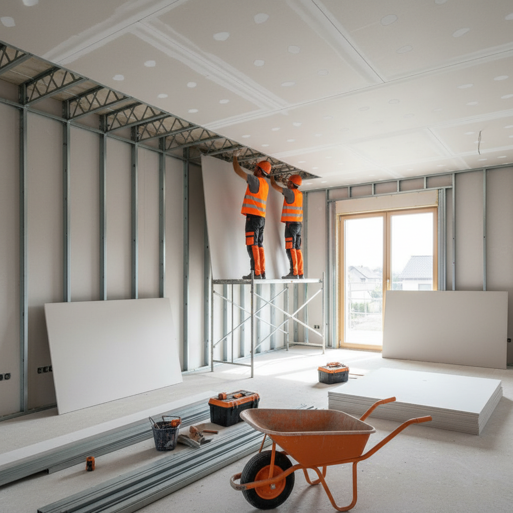 Montáž sádrokartonů v Uherském Brodě týmem V-F Stavby. (vizualizace)